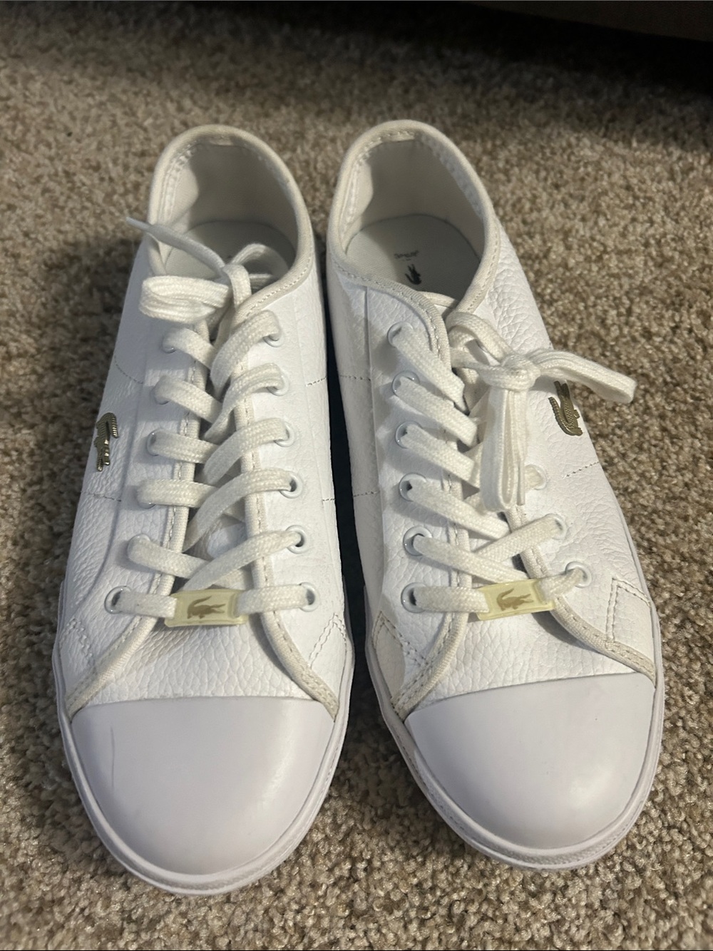 Lacoste White Low-Top Leather Sneakers with Gold Logo Detail